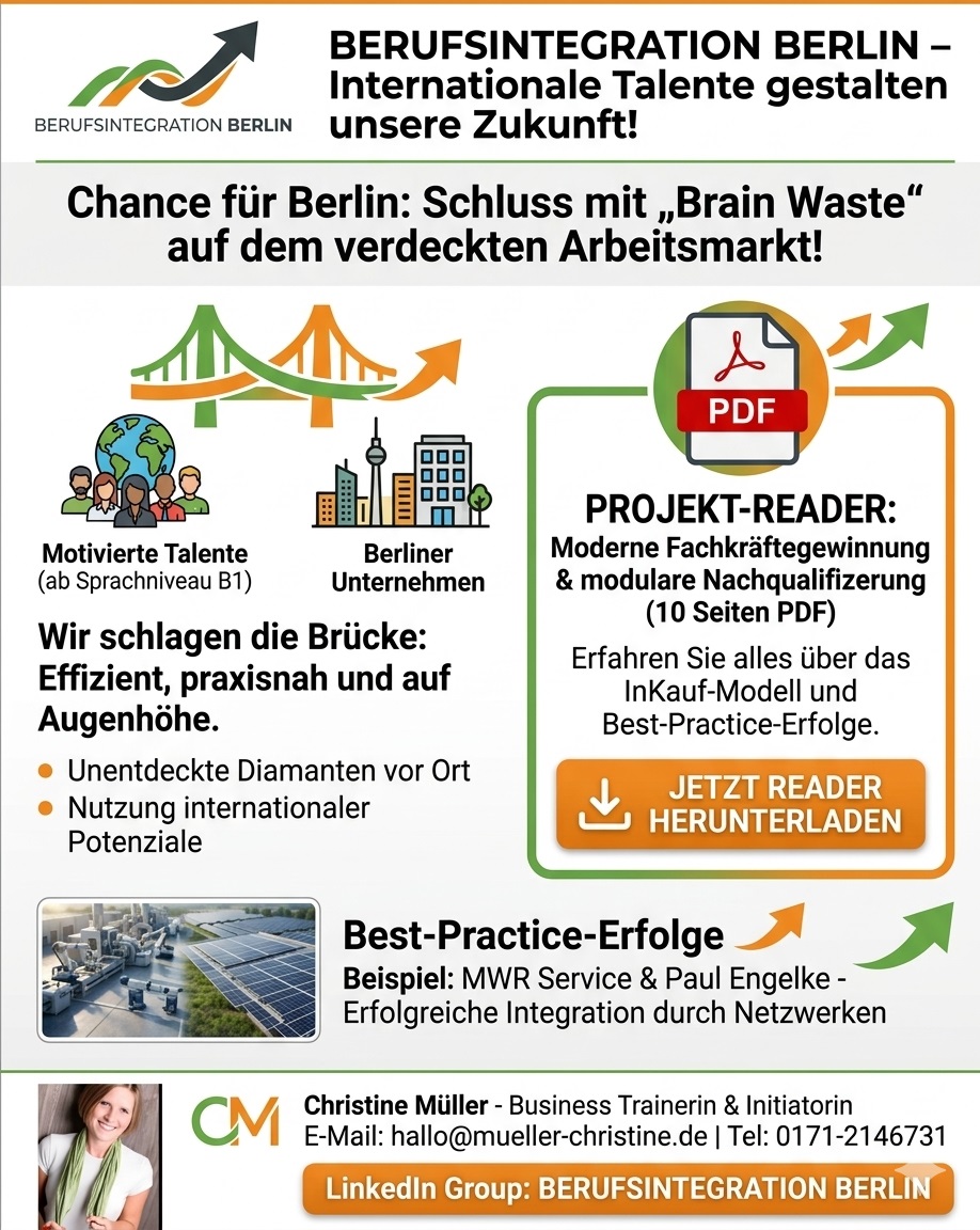 Infografik zur Berufsintegration Berlin mit dem Link zum Download des 10-seitigen Projekt-Readers.